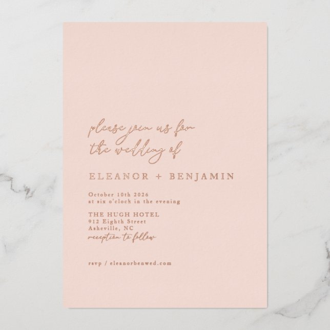 Elegante Minimalistisch Blush Pink Wedding Rose Go Folieneinladung (Vorderseite)