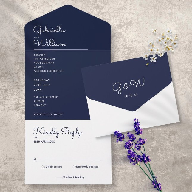 Elegante Minimalistisch Navy Blue Monogram Wedding All In One Einladung (Von Creator hochgeladen)
