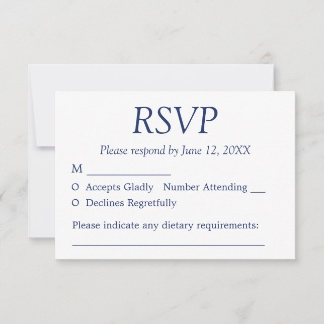 Elegante Minimalistisch Navy Blue Wedding RSVP Car (Vorderseite)