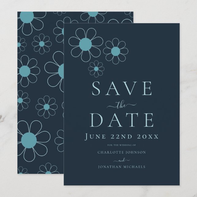 Elegante Minimalistisch Retro Daisy Blue Wedding Save The Date (Vorne/Hinten)