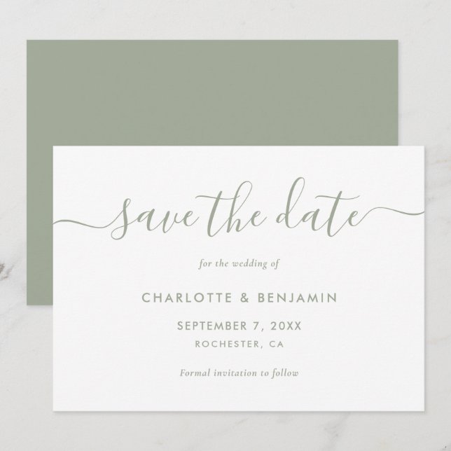 Elegante Minimalistisch Sage Green Wedding Save The Date (Vorne/Hinten)