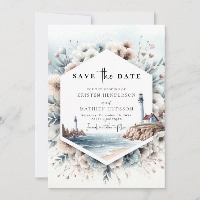 Elegante Minimalistisch Waves Lighthouse Hochzeit Save The Date (Vorderseite)