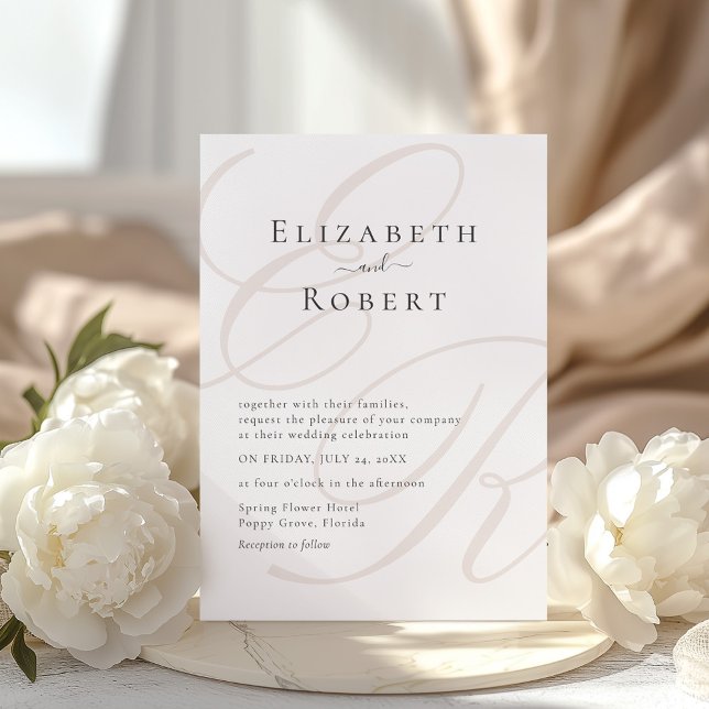 Elegante Minimalistische Beige Monogram Wedding Einladung (Elegant Minimalist Beige Monogram Wedding Invitation with white peonies)