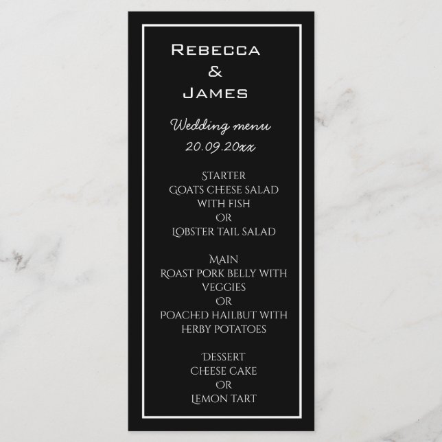 Elegante Minimalistische Black Wedding Menu Card Menükarte (Vorderseite)