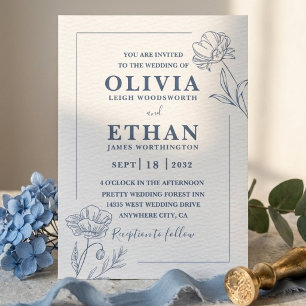 Elegante minimalistische blaue Floralskizze Hochze Einladung