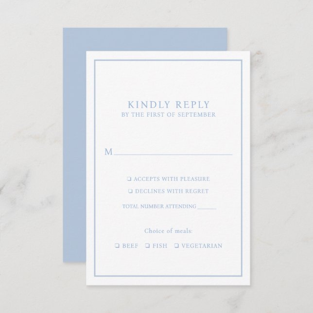 Elegante, Minimalistische, blaue Rahmen RSVP Karte (Vorne/Hinten)