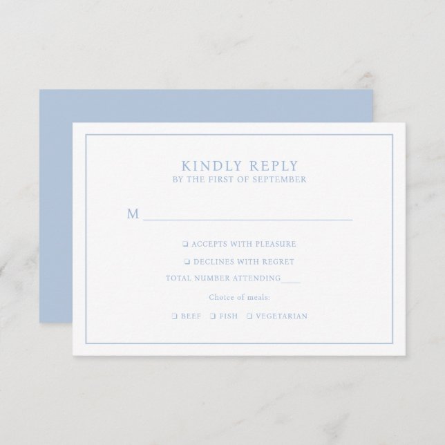 Elegante, Minimalistische, blaue Rahmen RSVP Karte (Vorne/Hinten)