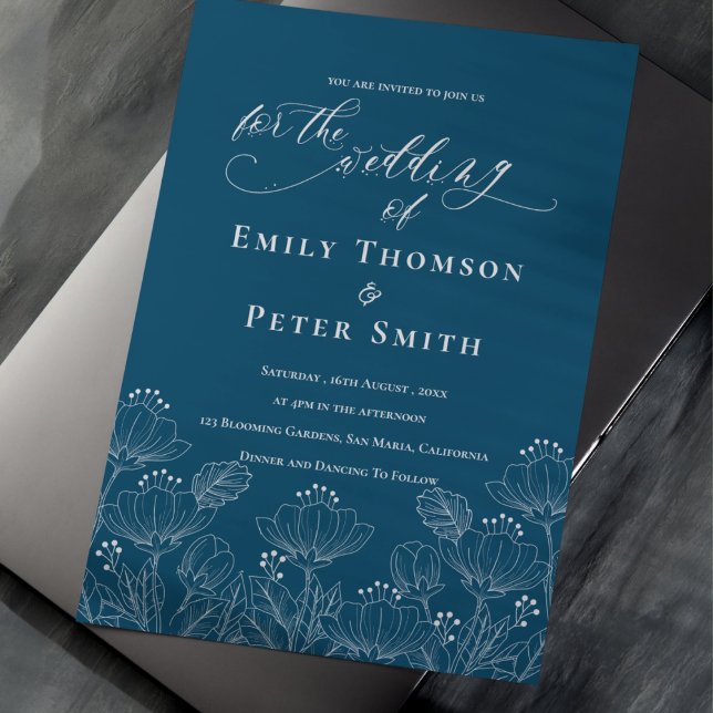 Elegante Minimalistische Blauen Linie Blumenhochze Einladung (Elegant Minimalist Blue White Line Floral Wedding Invitation)