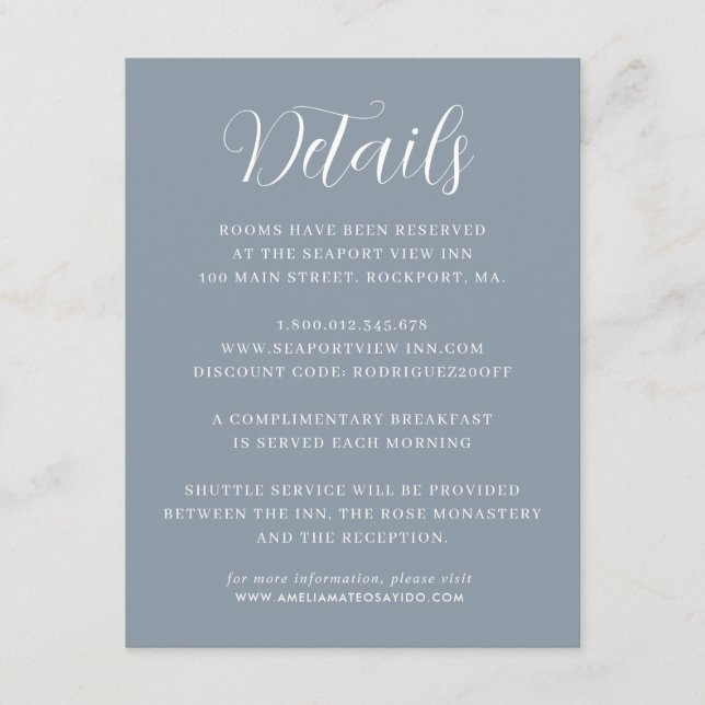 Elegante Minimalistische Blue Wedding Details Begleitkarte (Vorderseite)