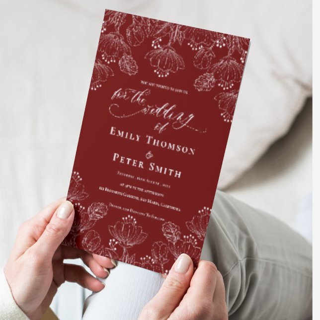 Elegante Minimalistische Blumen-Hochzeit Einladung (Elegant Red White Minimalist Line Floral Wedding Invitation)