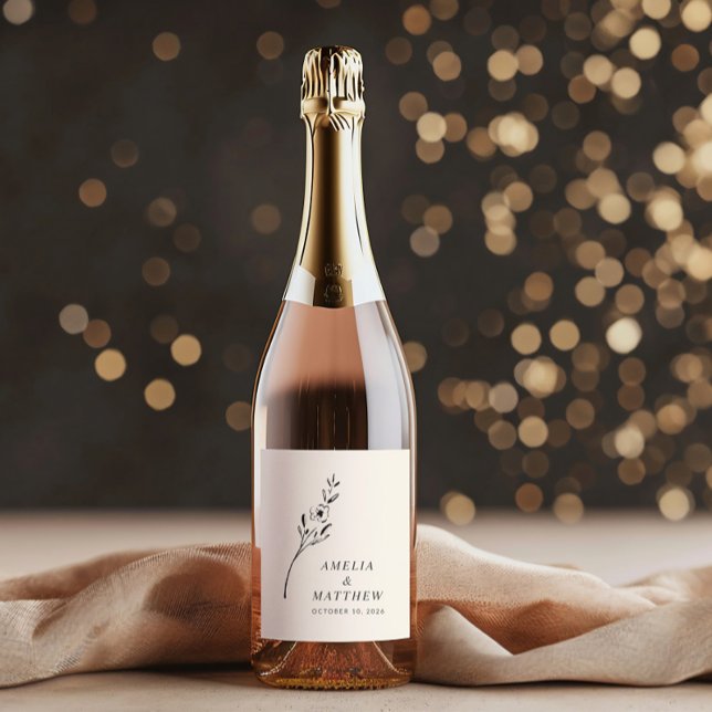 Elegante Minimalistische Blütenhochzeit Zeichnend  Weinetikett (Von Creator hochgeladen)