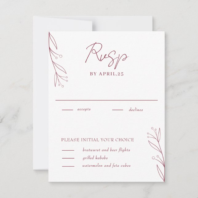Elegante Minimalistische Botanicals Burgundy RSVP- RSVP Karte (Vorderseite)