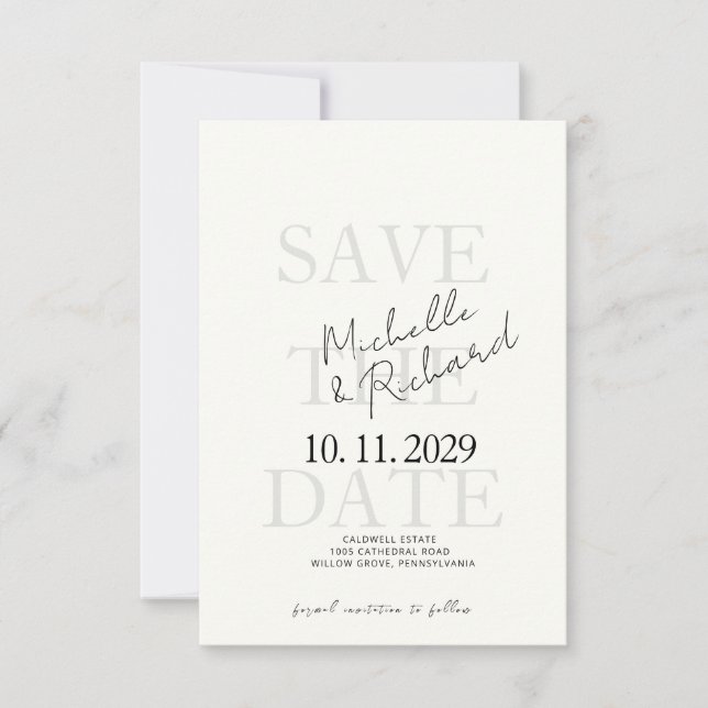 Elegante minimalistische elfenbeinfarbene kursive  save the date (Vorderseite)