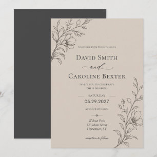 Elegante minimalistische florale Taupe-Hochzeit Einladung