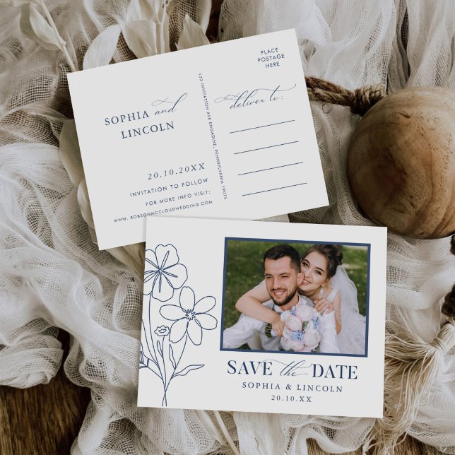 Elegante Minimalistische, florale Zeichnend Hochze Einladungspostkarte (Von Creator hochgeladen)