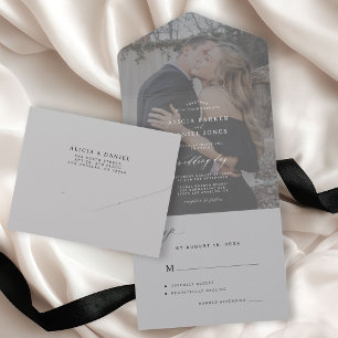 Elegante minimalistische Foto-Grau-Hochzeit All In One Einladung