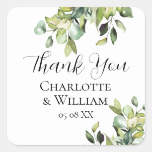 Elegante Minimalistische Grüne Botanische Hochzeit Quadratischer Aufkleber