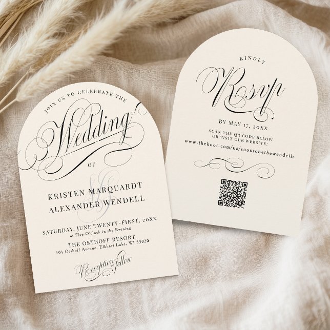 Elegante Minimalistische Hochzeit in Elfenbeinküst Einladung (Elegant simple minimalist script typography classic ivory and black QR code rsvp wedding invitation)
