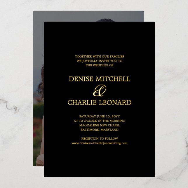 Elegante Minimalistische Kalligrafie Schwarzes Fot Folieneinladung (Vorderseite/Rückseite)