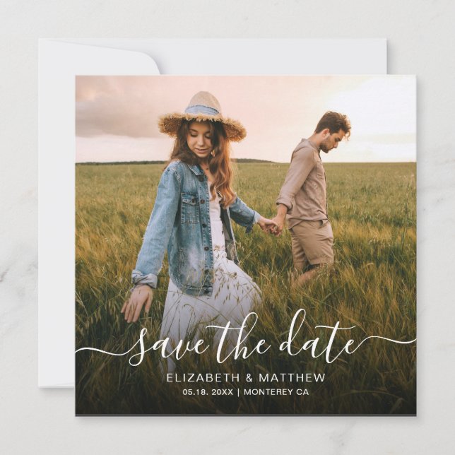 Elegante Minimalistische Moderne Drehbuch Ein Foto Save The Date (Vorderseite)