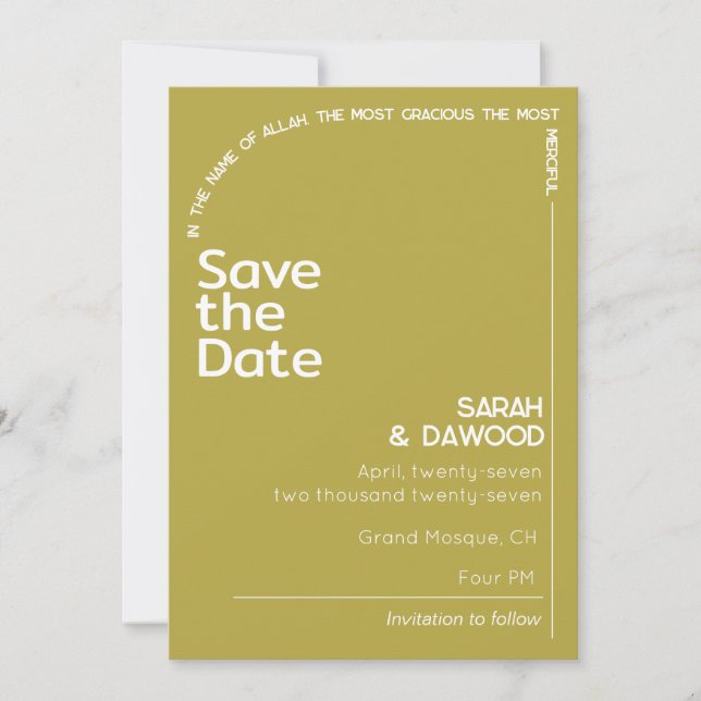 Elegante Minimalistische muslimische Brass White W Save The Date (Vorderseite)