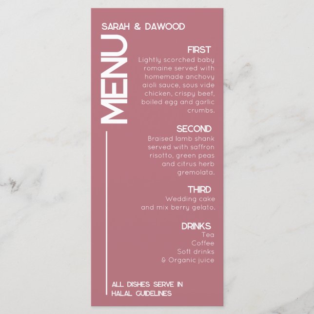 Elegante Minimalistische muslimische Rose Goldweiß Menükarte (Vorderseite)