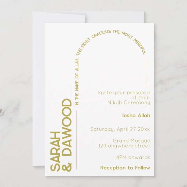 Elegante Minimalistische muslimische Weißbrassehei Einladung (Vorderseite)