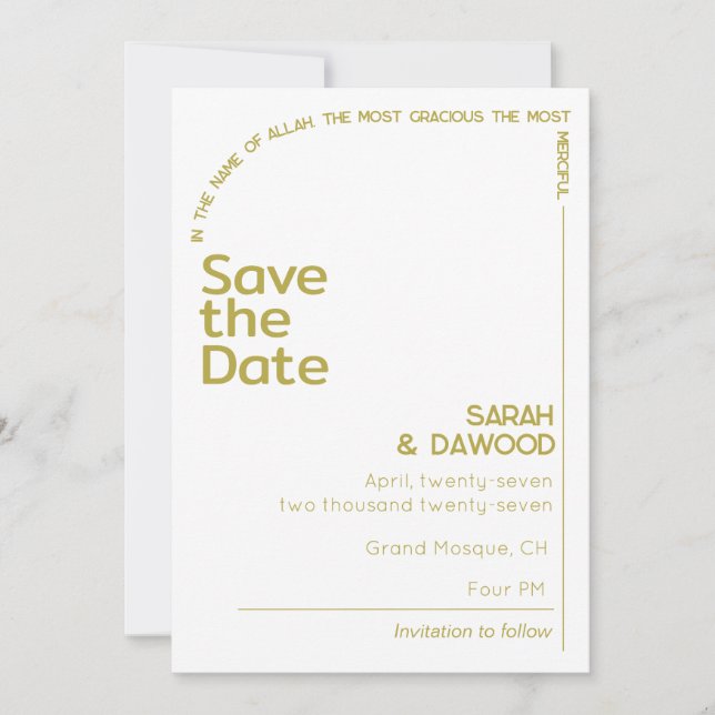 Elegante Minimalistische muslimische Weißbrassehei Save The Date (Vorderseite)