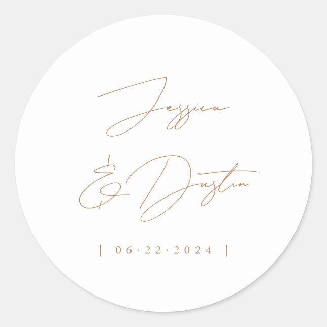 Elegante Minimalistische Namen Datum Script Gold Runder Aufkleber (Vorderseite)