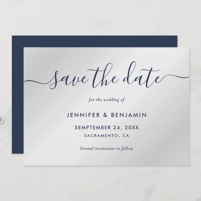 Elegante Minimalistische Navy Blue und Silver Wedd Save The Date (Vorne/Hinten)