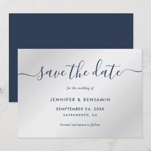 Elegante Minimalistische Navy Blue und Silver Wedd Save The Date