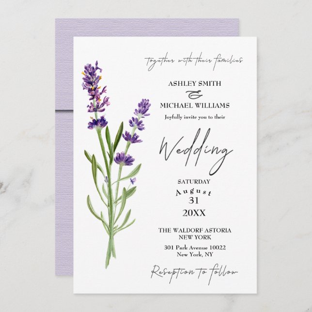 Elegante Minimalistische New Fashion Lavender Wedd Einladung (Vorne/Hinten)