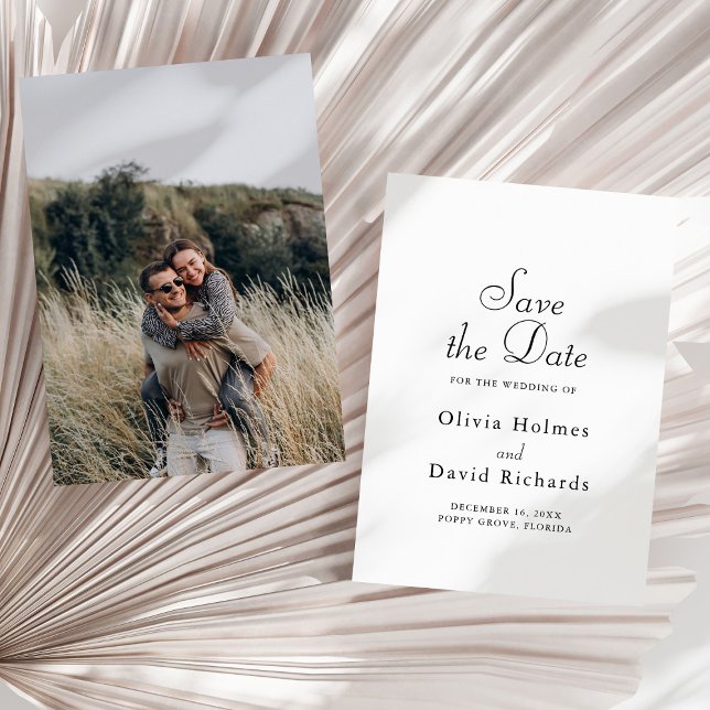 Elegante Minimalistische Save the Date-Karte für b Save The Date (Elegant Minimalist Custom Photo Save the Date Card on a sunny neutral dry palm leaf.)