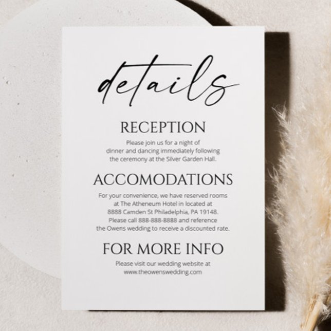 Elegante Minimalistische Schwarz-Hochzeit Details Begleitkarte (Von Creator hochgeladen)