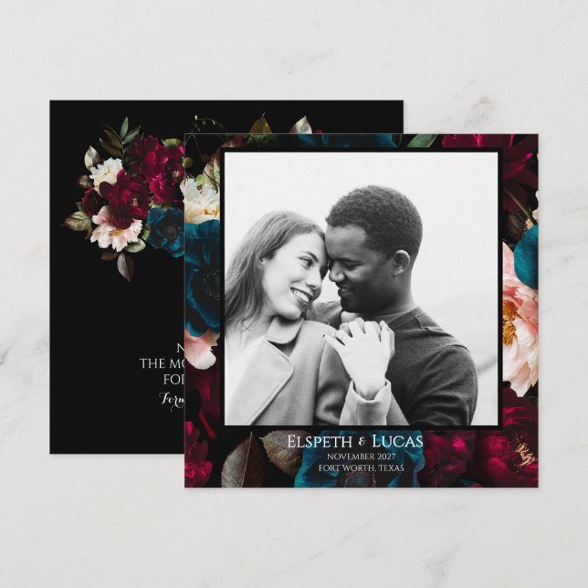 Elegante Minimalistische Schwarz- und Blumenhochze Save The Date (Vorne/Hinten)