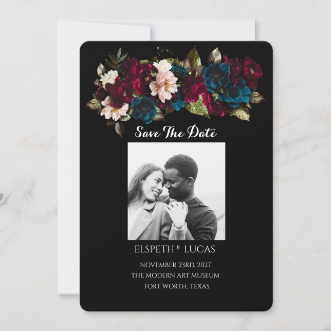 Elegante Minimalistische Schwarz- und Blumenhochze Save The Date (Vorderseite)