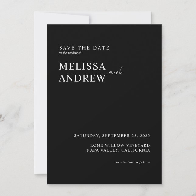 Elegante Minimalistische Schwarz-Weiß-Hochzeit Save The Date (Vorderseite)