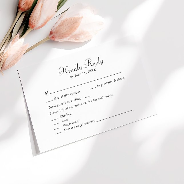 Elegante Minimalistische Schwarz-Weiß-RSVP-Karte Dankeskarte (Elegant Minimalist Black and White RSVP Card on a sunny table with pale pink flowers.)