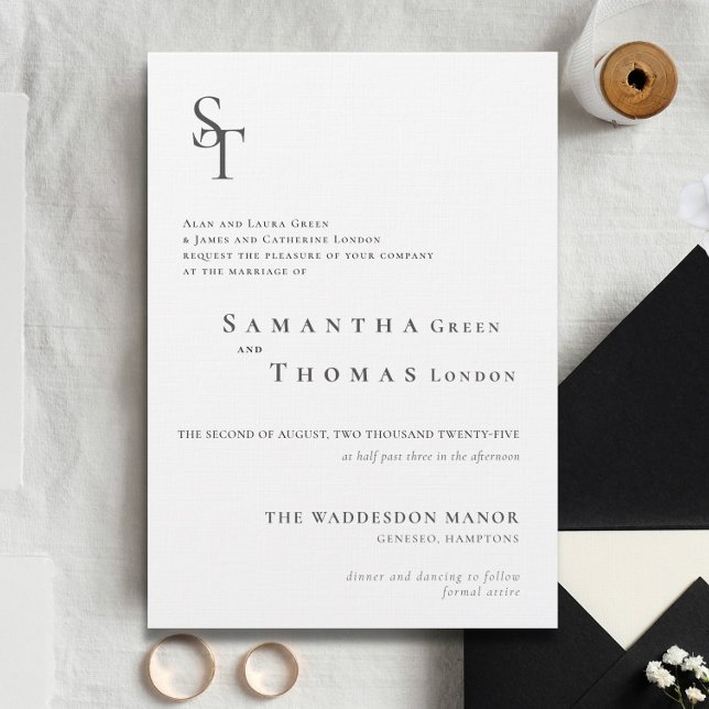 Elegante Minimalistische Schwarz-weiße Initialen H Einladung (Elegant Minimalist Initials Black White Wedding Invitation)