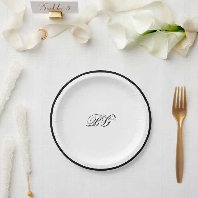Elegante Minimalistische Schwarz-weiße Monogramm-H Pappteller (Hochzeit)