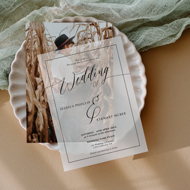 Elegante Minimalistische Script Classic Frame Wedd (Elegant Minimalist Script Classic Frame Wedding Vellum Invitations)
