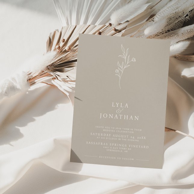 Elegante Minimalistische Taupe & White Floral Wedd Einladung (Von Creator hochgeladen)