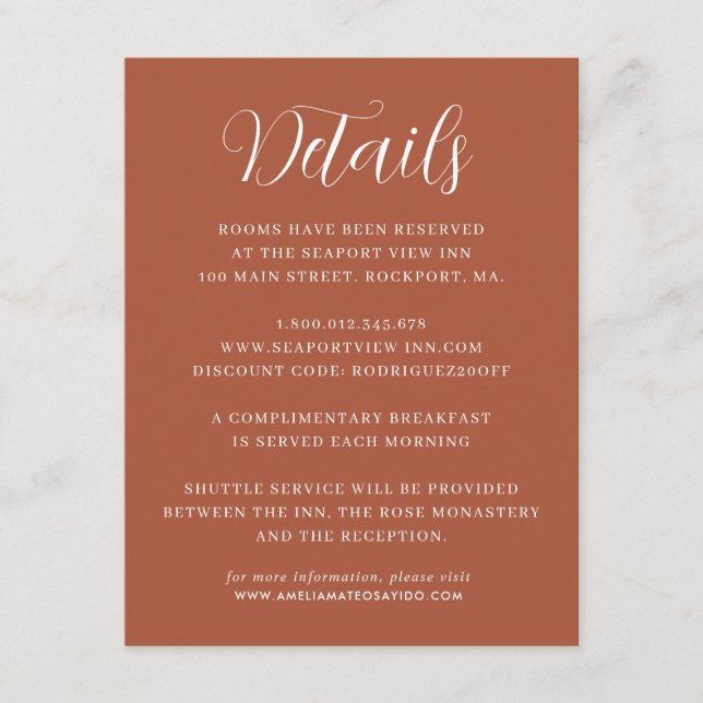 Elegante Minimalistische Terracotta Hochzeit Detai Begleitkarte (Vorderseite)