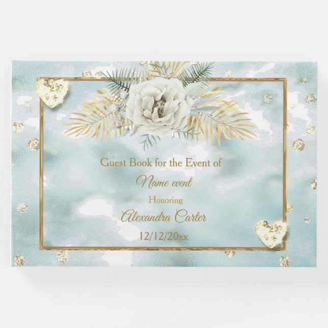 Elegante Mint Aquamarin Blue Gold Marmor Rose Blum Gästebuch (Vorderseite)