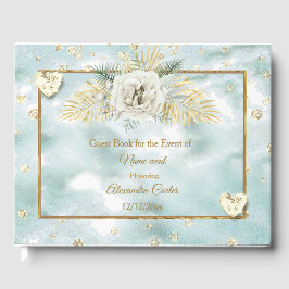 Elegante Mint Aquamarin Blue Gold Marmor Rose Blum Gästebuch