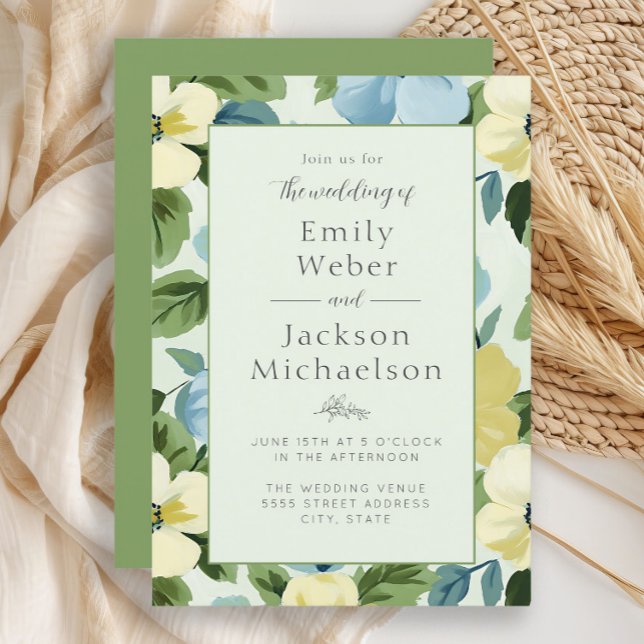 Elegante Mint Blue Yellow Floral Wedding Einladung (Elegant mint, blue, and yellow floral wedding invitation)