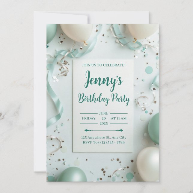 Elegante Mint & Cream Geburtstagsfeier Einladung (Vorderseite)