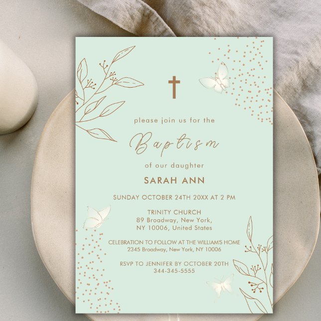 Elegante Mint Gold Blätter Butterfly Cross Taufe Einladung (Elegant Mint Gold Leave Butterfly Cross Baptism Invitation)