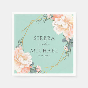 Elegante Mint Green Floral Peach Gold Hochzeit Serviette