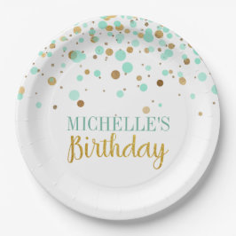 Elegante Mint Green Gold Confetti Girl Birthday Pappteller
